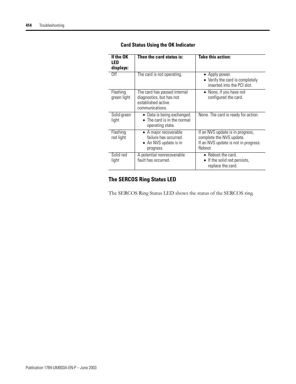 Card status using the ok indicator, The sercos ring status led | Rockwell Automation 1784-PM16SE SoftLogix Motion Card Setup and Configuration Manual User Manual | Page 422 / 451