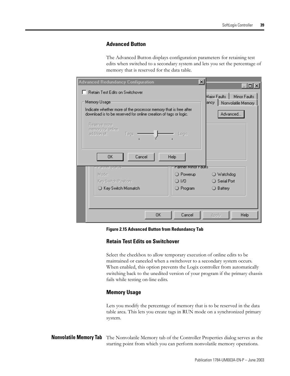 Advanced button, Retain test edits on switchover, Memory usage | Nonvolatile memory tab | Rockwell Automation 1784-PM16SE SoftLogix Motion Card Setup and Configuration Manual User Manual | Page 47 / 451
