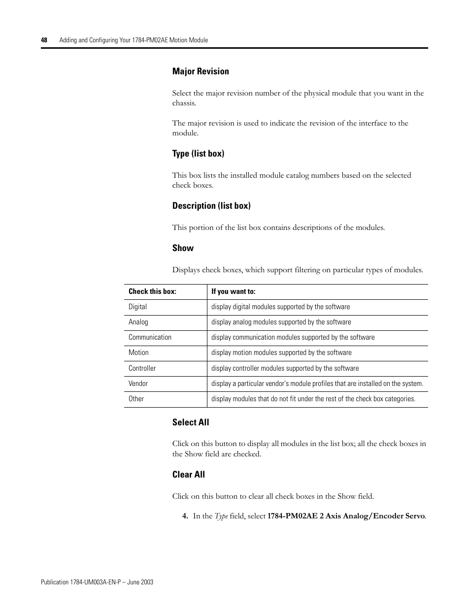 Major revision, Type (list box), Description (list box) | Show, Select all, Clear all | Rockwell Automation 1784-PM16SE SoftLogix Motion Card Setup and Configuration Manual User Manual | Page 56 / 451