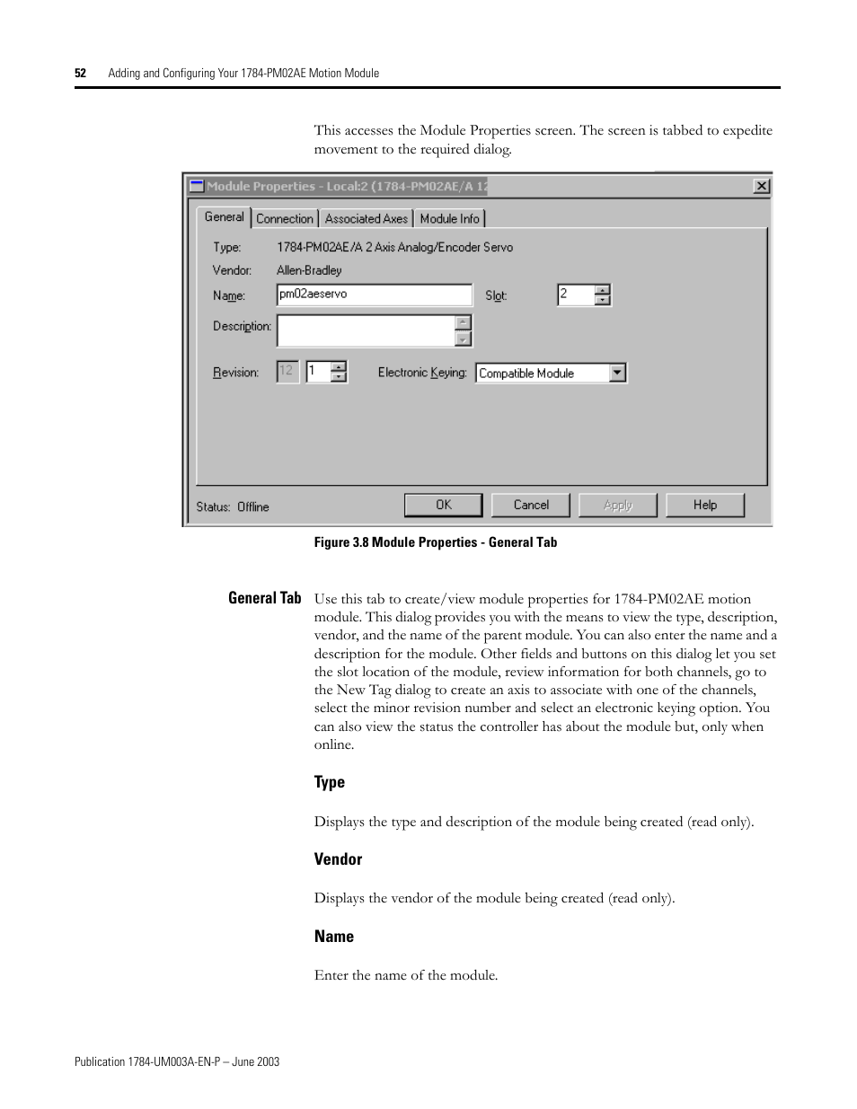 General tab, Type, Vendor | Name | Rockwell Automation 1784-PM16SE SoftLogix Motion Card Setup and Configuration Manual User Manual | Page 60 / 451