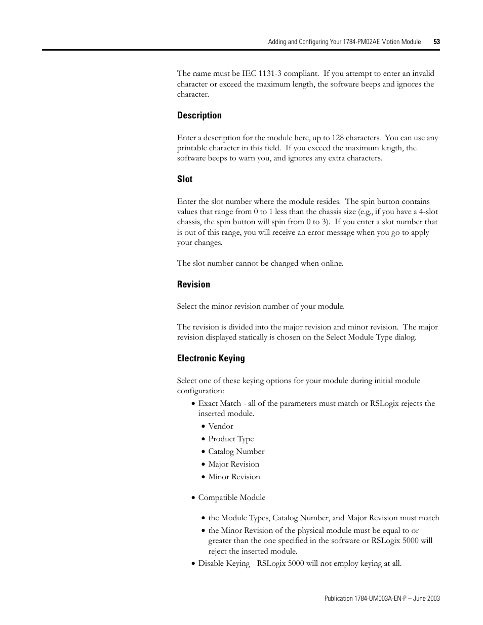Description, Slot, Revision | Electronic keying | Rockwell Automation 1784-PM16SE SoftLogix Motion Card Setup and Configuration Manual User Manual | Page 61 / 451
