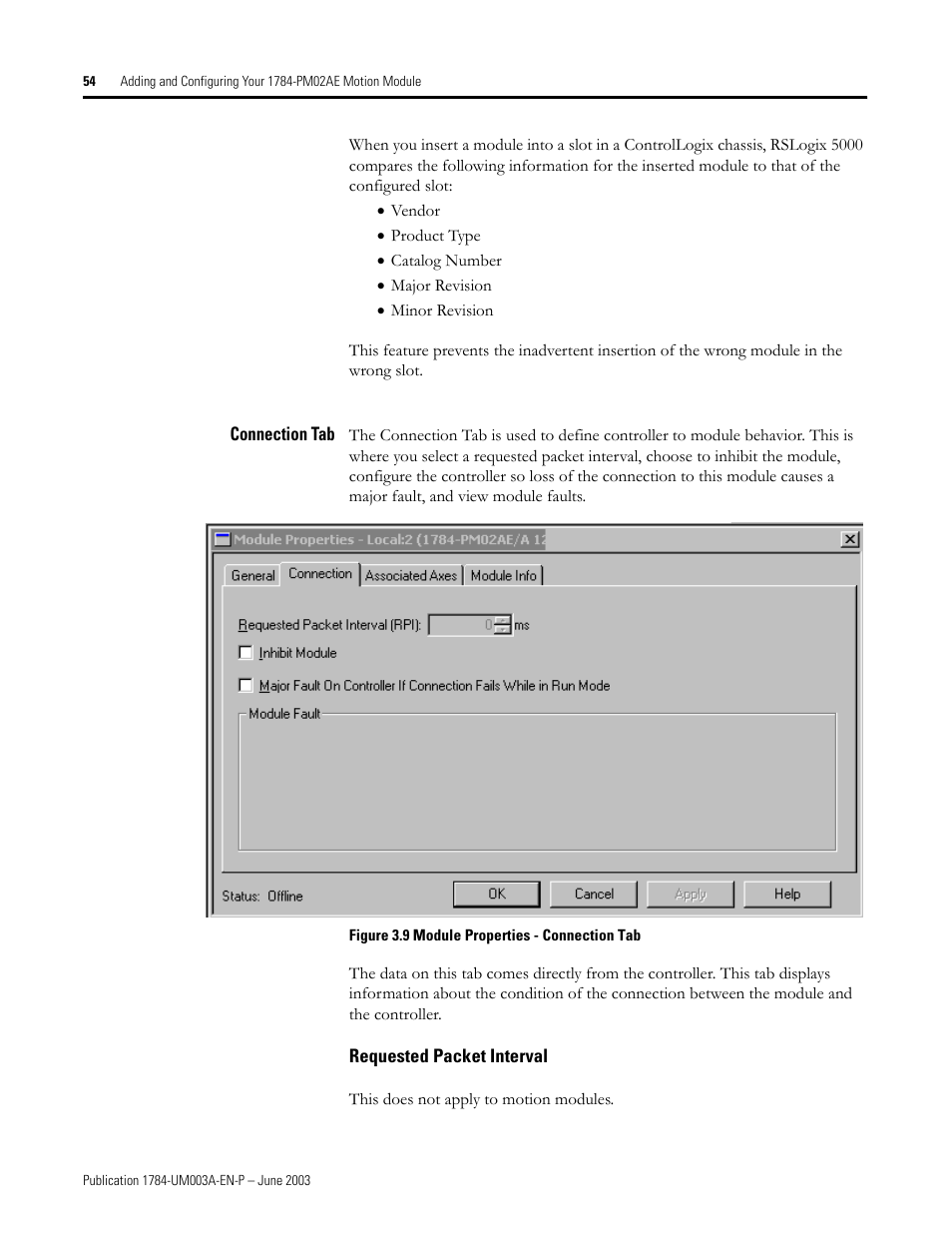 Connection tab, Requested packet interval | Rockwell Automation 1784-PM16SE SoftLogix Motion Card Setup and Configuration Manual User Manual | Page 62 / 451