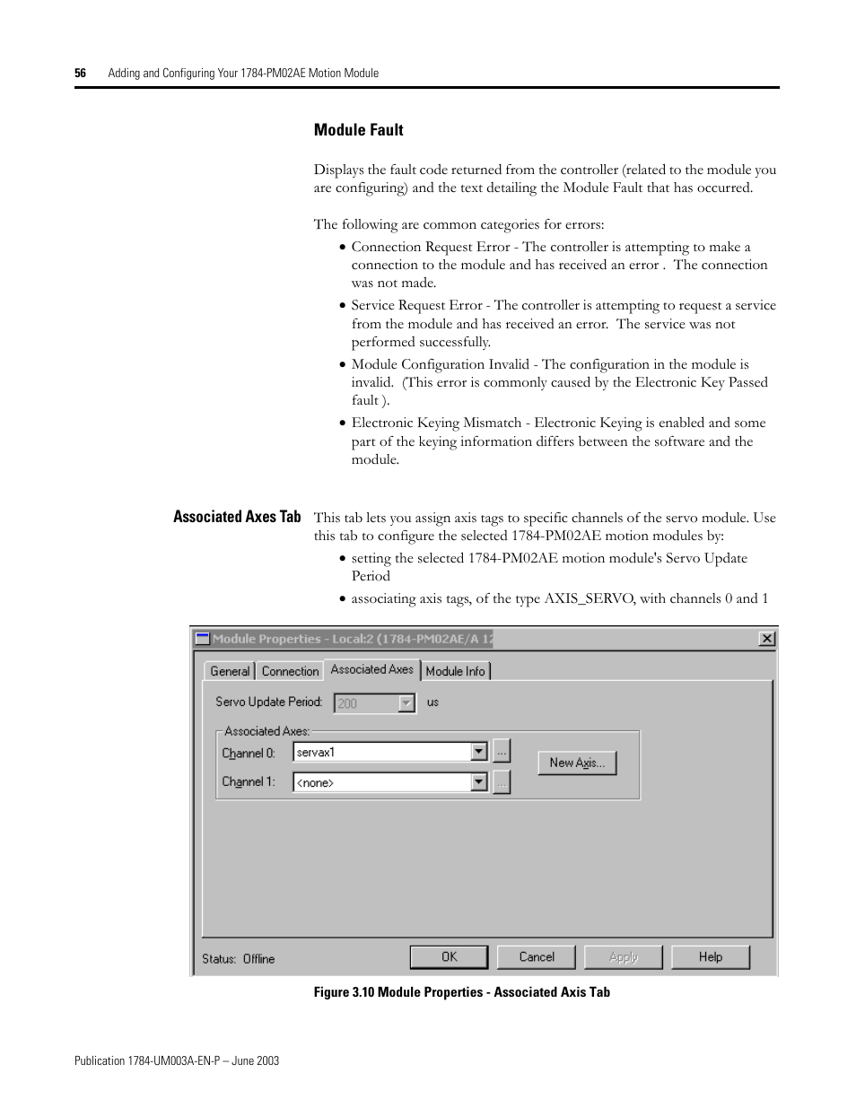 Module fault, Associated axes tab | Rockwell Automation 1784-PM16SE SoftLogix Motion Card Setup and Configuration Manual User Manual | Page 64 / 451