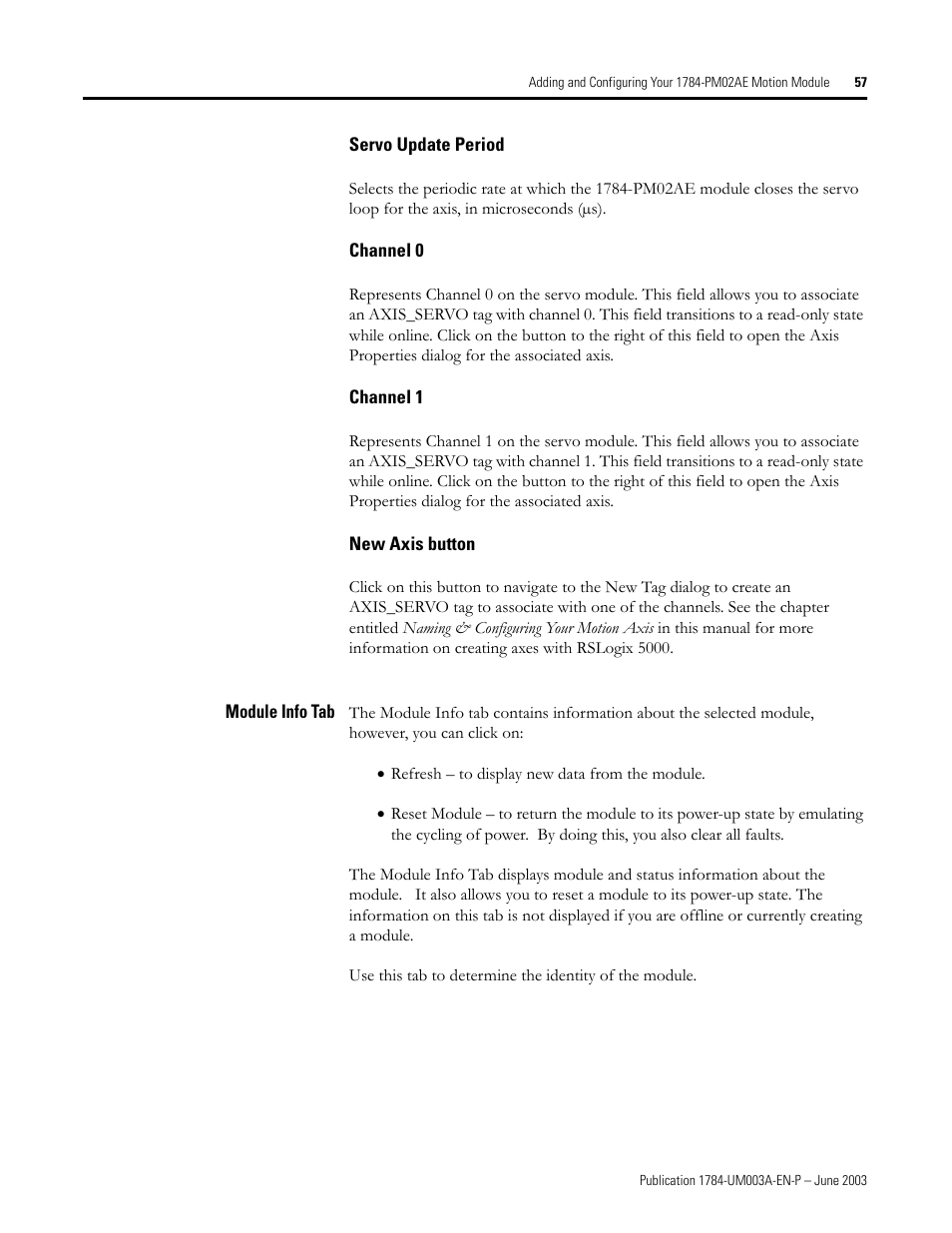 Servo update period, Channel 0, Channel 1 | New axis button, Module info tab | Rockwell Automation 1784-PM16SE SoftLogix Motion Card Setup and Configuration Manual User Manual | Page 65 / 451