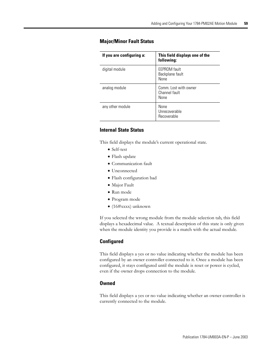 Major/minor fault status, Internal state status, Configured | Owned | Rockwell Automation 1784-PM16SE SoftLogix Motion Card Setup and Configuration Manual User Manual | Page 67 / 451