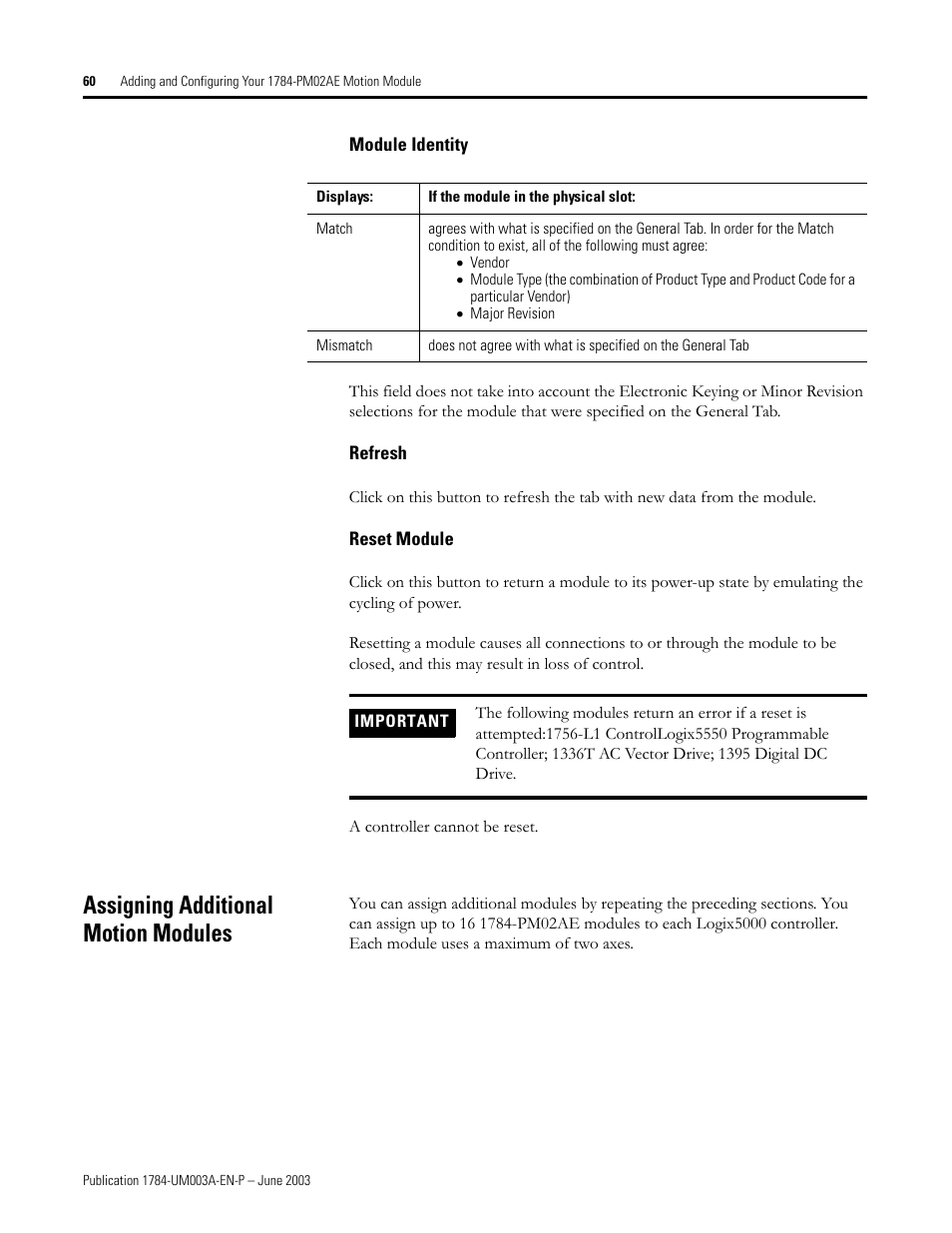 Module identity, Refresh, Reset module | Assigning additional motion modules | Rockwell Automation 1784-PM16SE SoftLogix Motion Card Setup and Configuration Manual User Manual | Page 68 / 451