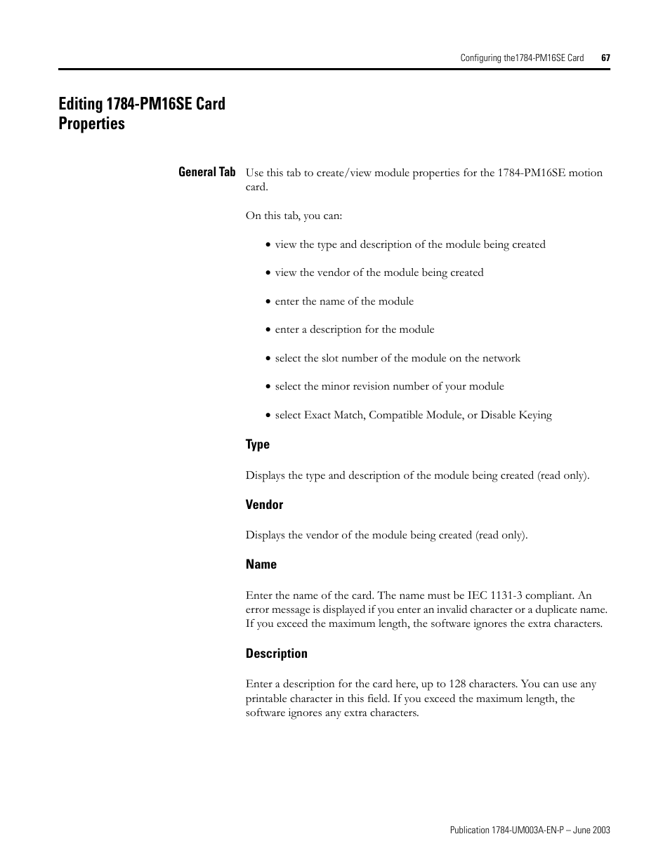 Editing 1784-pm16se card properties, General tab, Type | Vendor, Name, Description | Rockwell Automation 1784-PM16SE SoftLogix Motion Card Setup and Configuration Manual User Manual | Page 75 / 451