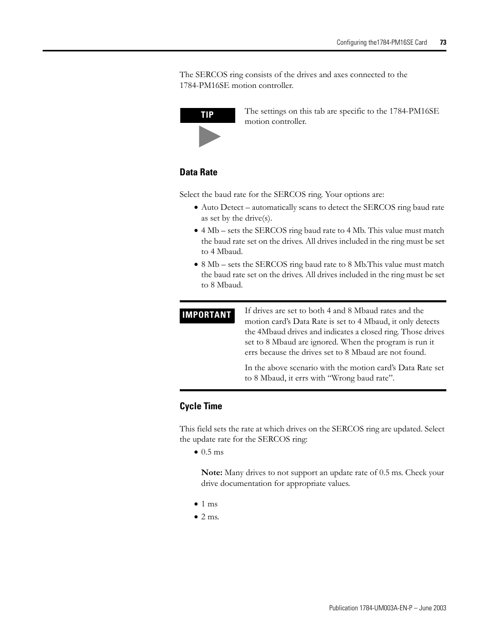 Data rate, Cycle time | Rockwell Automation 1784-PM16SE SoftLogix Motion Card Setup and Configuration Manual User Manual | Page 81 / 451