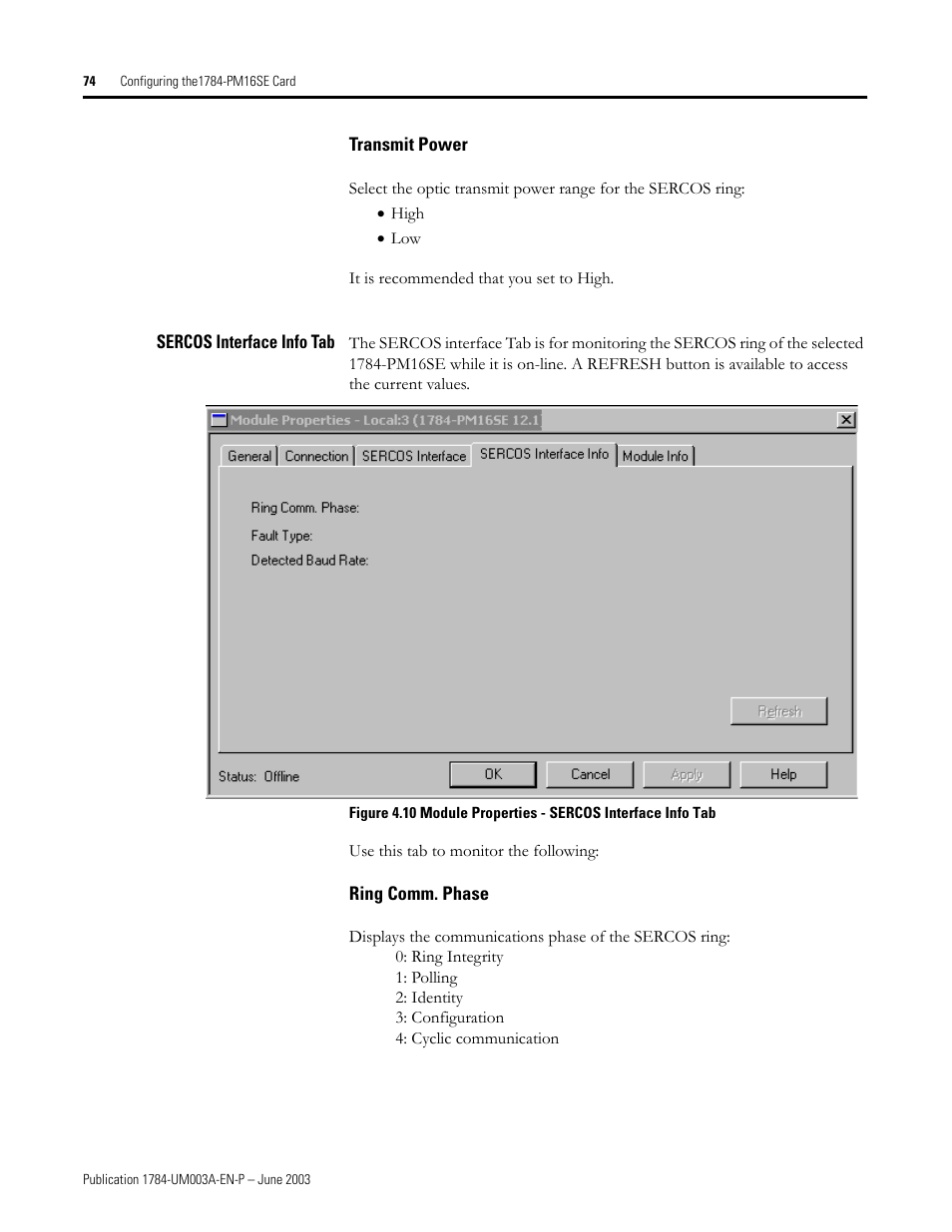 Transmit power, Sercos interface info tab, Ring comm. phase | Rockwell Automation 1784-PM16SE SoftLogix Motion Card Setup and Configuration Manual User Manual | Page 82 / 451