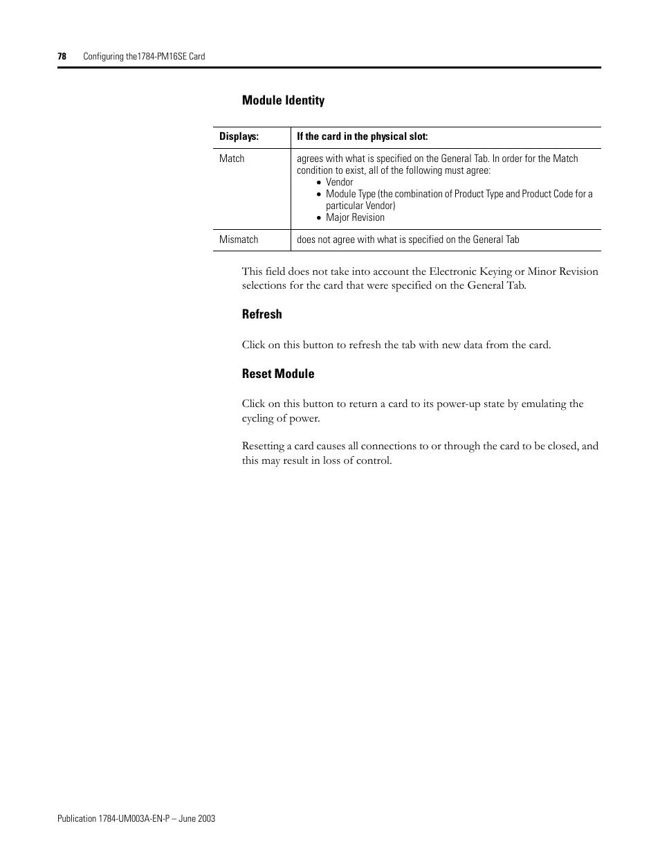 Module identity, Refresh, Reset module | Rockwell Automation 1784-PM16SE SoftLogix Motion Card Setup and Configuration Manual User Manual | Page 86 / 451