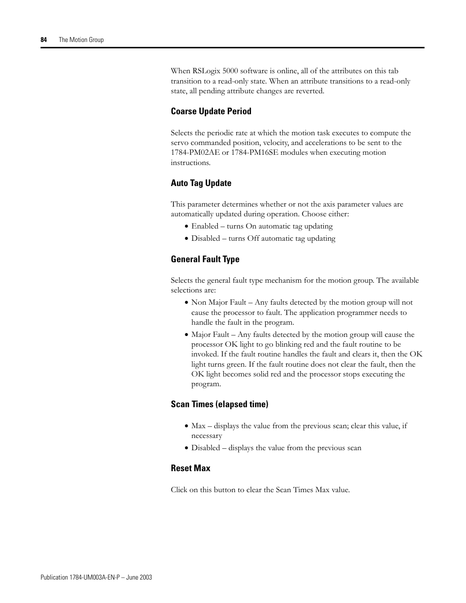 Coarse update period, Auto tag update, General fault type | Scan times (elapsed time), Reset max | Rockwell Automation 1784-PM16SE SoftLogix Motion Card Setup and Configuration Manual User Manual | Page 92 / 451