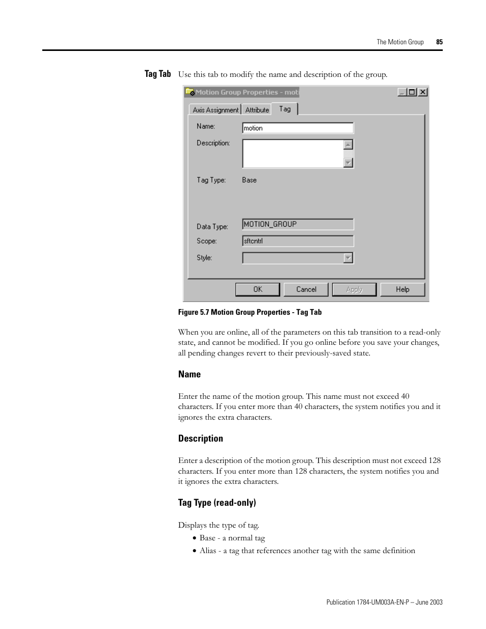 Tag tab, Name, Description | Tag type (read-only) | Rockwell Automation 1784-PM16SE SoftLogix Motion Card Setup and Configuration Manual User Manual | Page 93 / 451