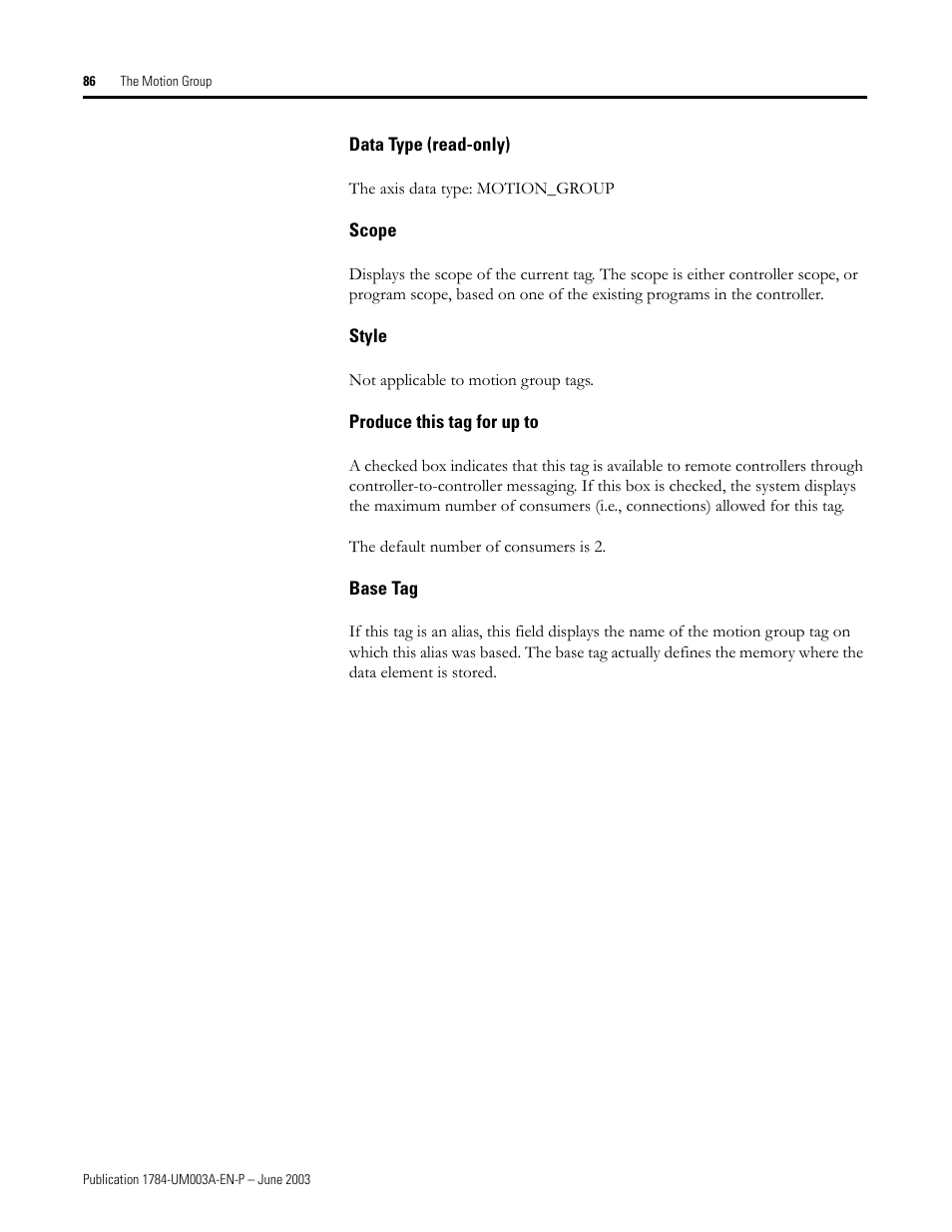 Data type (read-only), Scope, Style | Produce this tag for up to, Base tag | Rockwell Automation 1784-PM16SE SoftLogix Motion Card Setup and Configuration Manual User Manual | Page 94 / 451