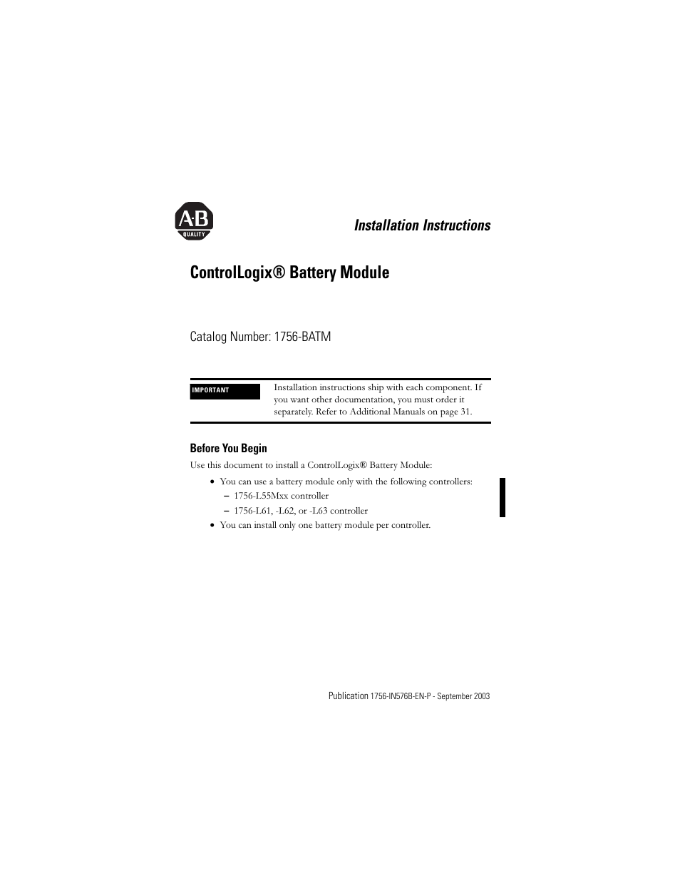 Rockwell Automation 1756-BATM ControlLogix Battery Module Installation Instructions User Manual | 32 pages