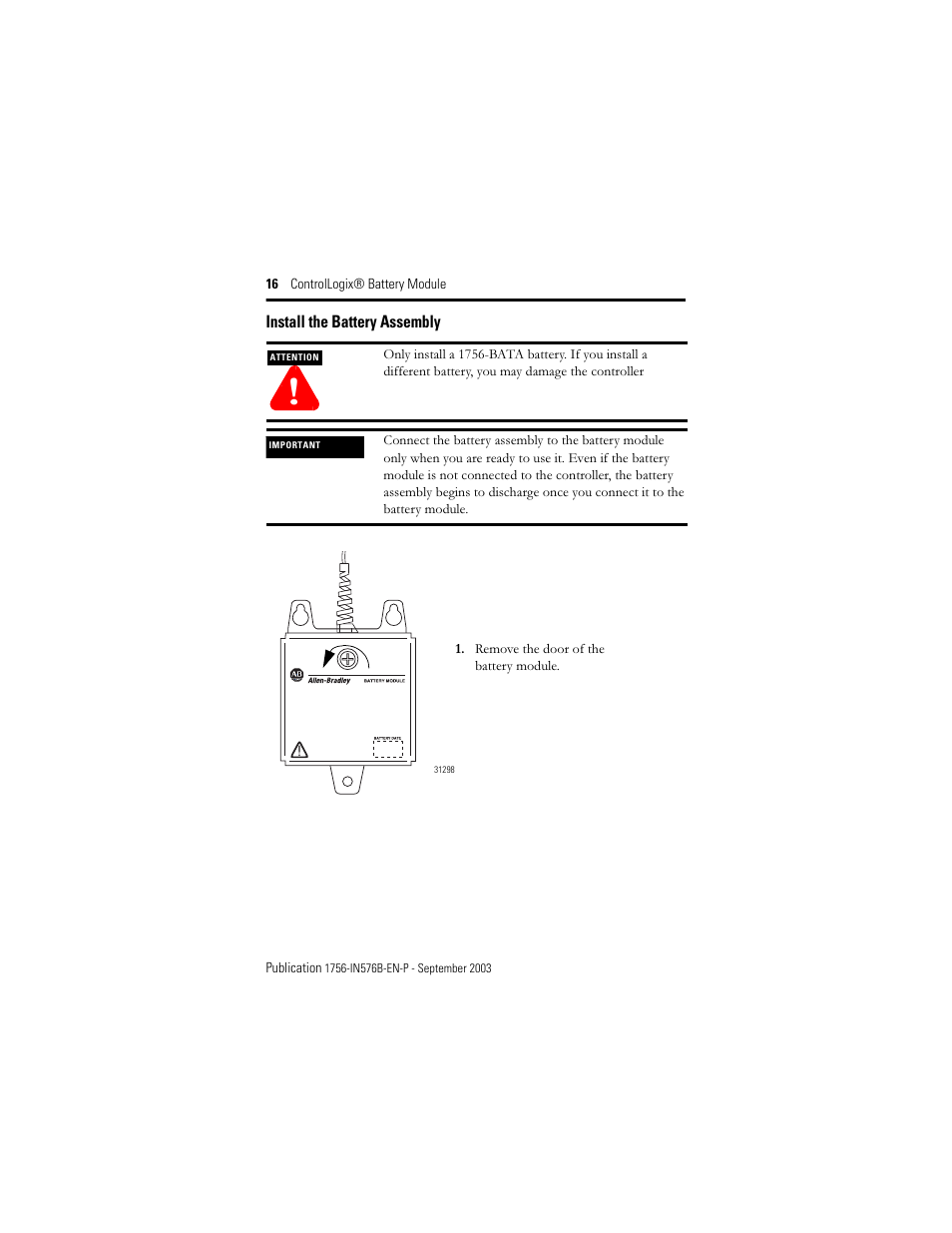 Install the battery assembly | Rockwell Automation 1756-BATM ControlLogix Battery Module Installation Instructions User Manual | Page 16 / 32