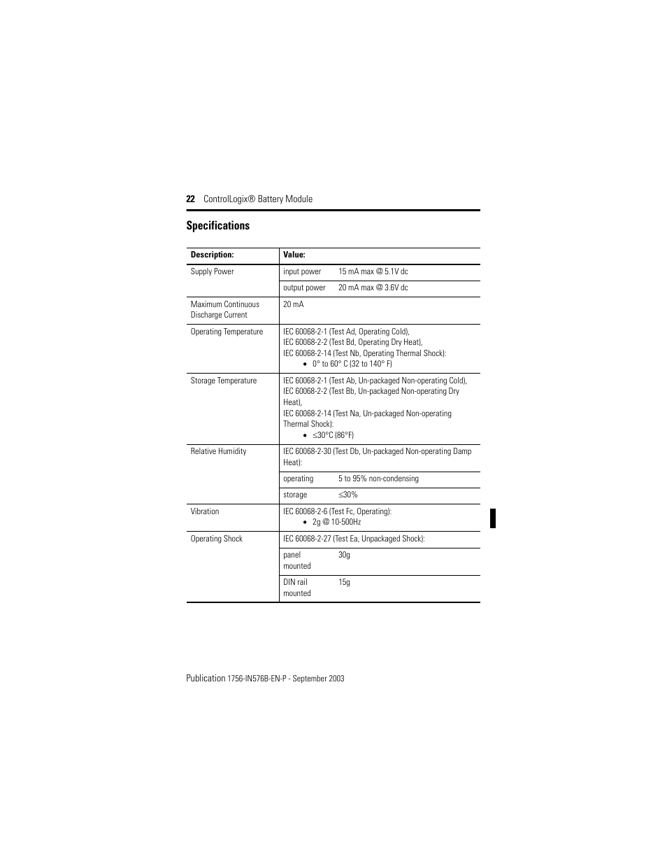 Specifications | Rockwell Automation 1756-BATM ControlLogix Battery Module Installation Instructions User Manual | Page 22 / 32