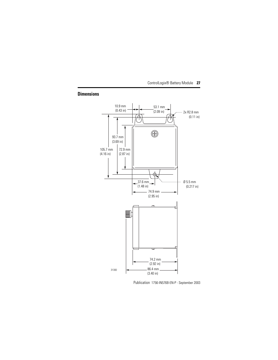 Dimensions | Rockwell Automation 1756-BATM ControlLogix Battery Module Installation Instructions User Manual | Page 27 / 32