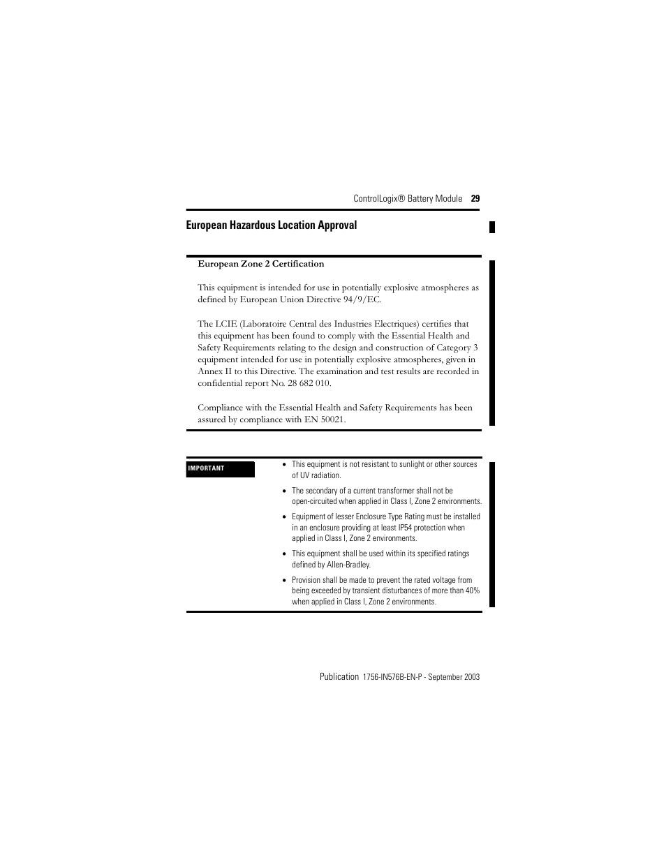 European hazardous location approval | Rockwell Automation 1756-BATM ControlLogix Battery Module Installation Instructions User Manual | Page 29 / 32