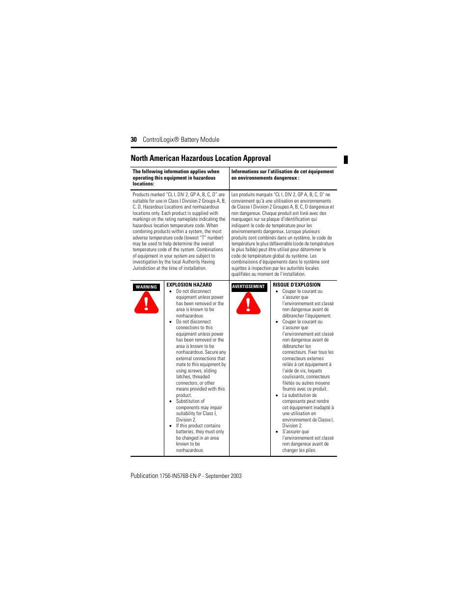 North american hazardous location approval | Rockwell Automation 1756-BATM ControlLogix Battery Module Installation Instructions User Manual | Page 30 / 32
