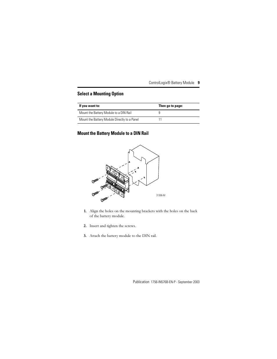 Select a mounting option, Mount the battery module to a din rail | Rockwell Automation 1756-BATM ControlLogix Battery Module Installation Instructions User Manual | Page 9 / 32