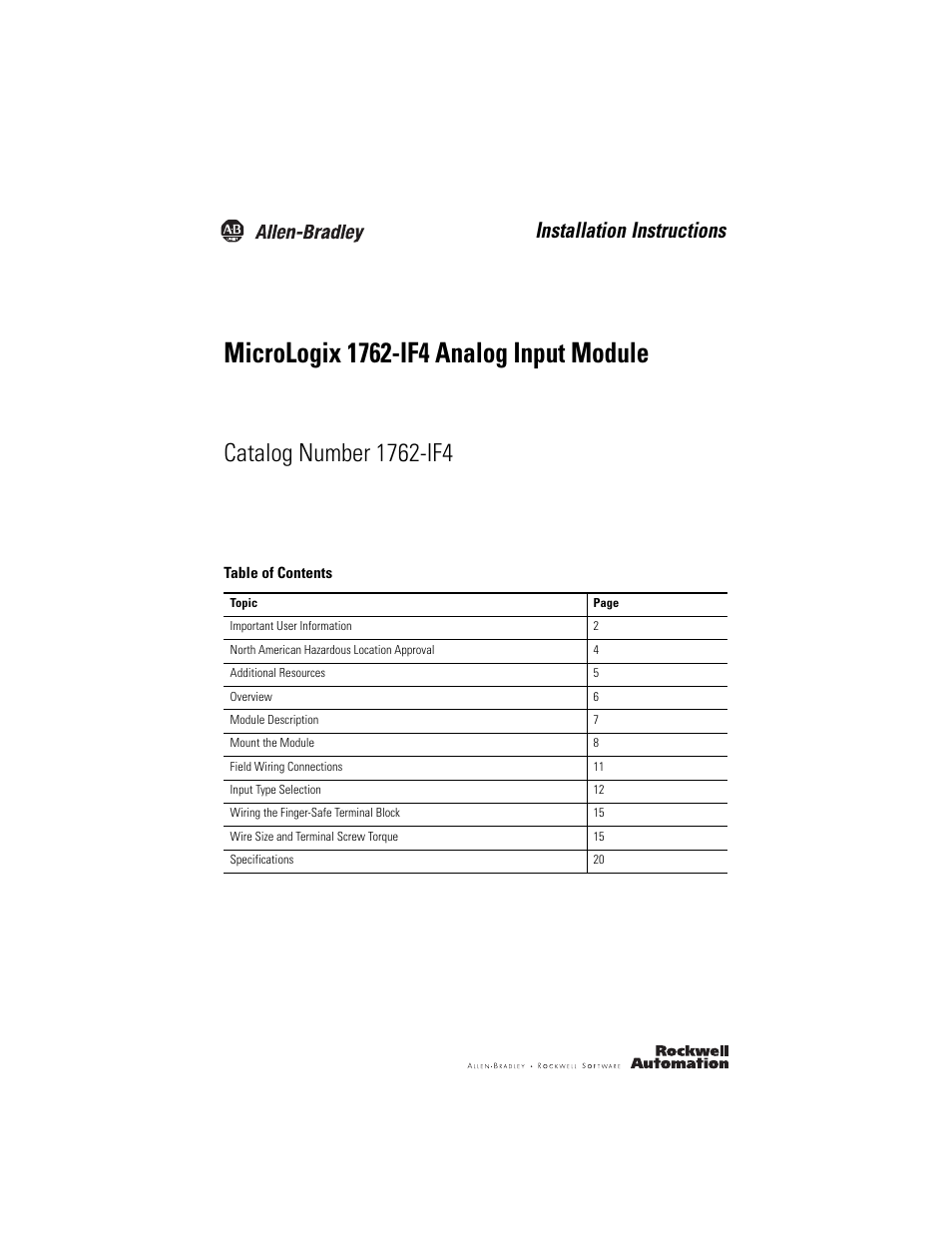 Rockwell Automation 1762-IF4 MicroLogix Analog Input Module User Manual | 24 pages