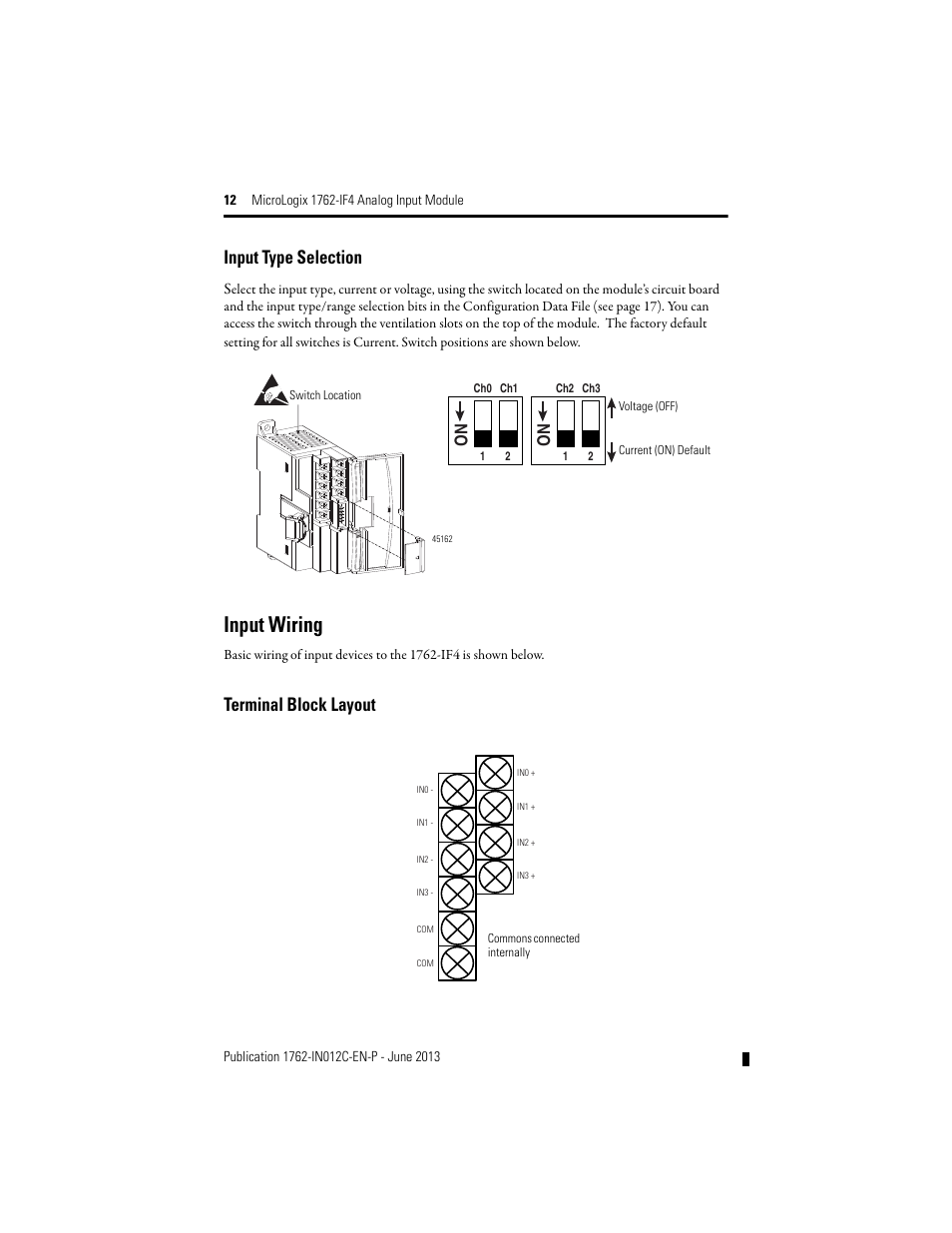 Input type selection, Terminal block layout, Input wiring | Rockwell Automation 1762-IF4 MicroLogix Analog Input Module User Manual | Page 12 / 24