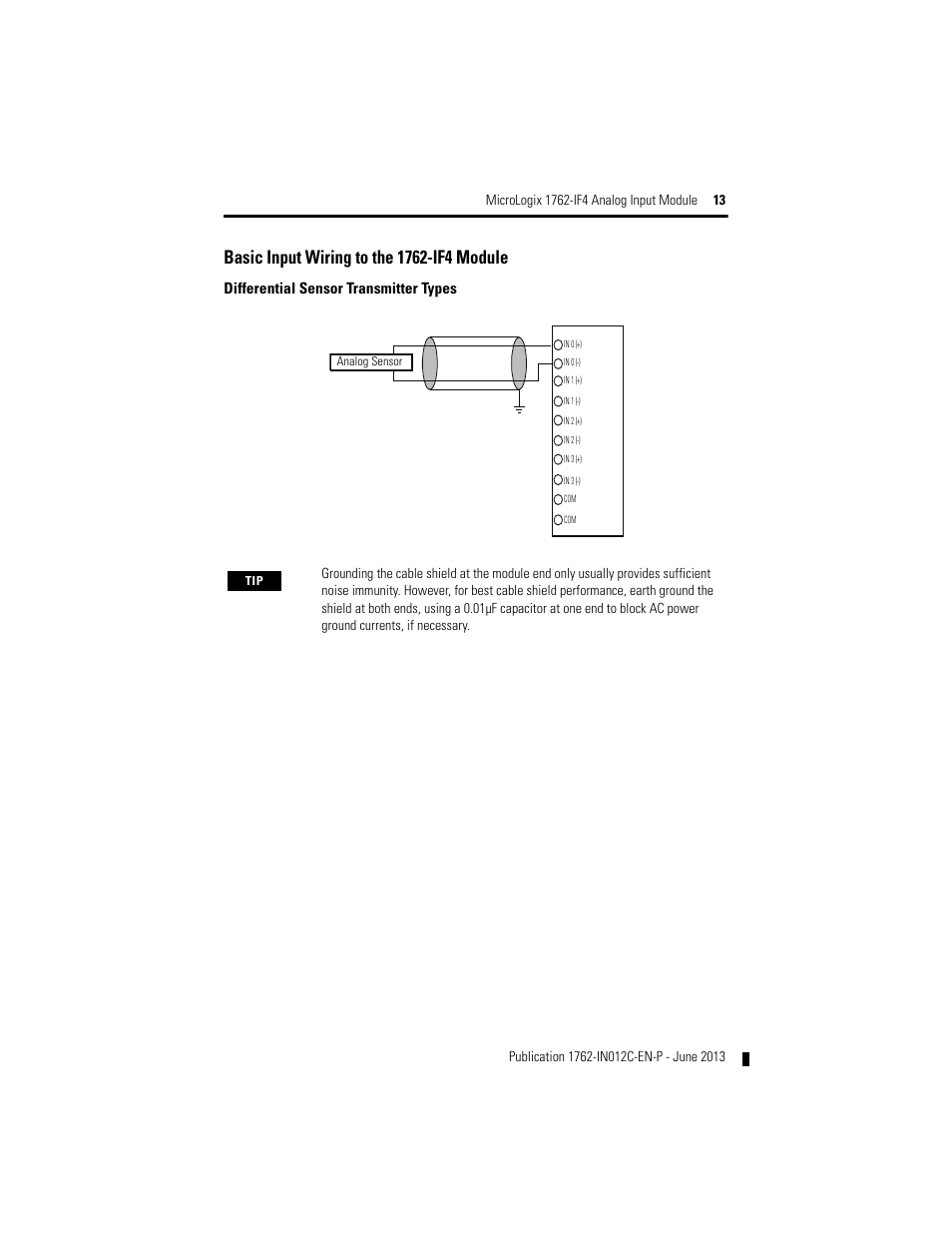 Basic input wiring to the 1762-if4 module | Rockwell Automation 1762-IF4 MicroLogix Analog Input Module User Manual | Page 13 / 24