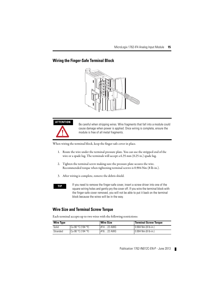 Wiring the finger-safe terminal block, Wire size and terminal screw torque | Rockwell Automation 1762-IF4 MicroLogix Analog Input Module User Manual | Page 15 / 24