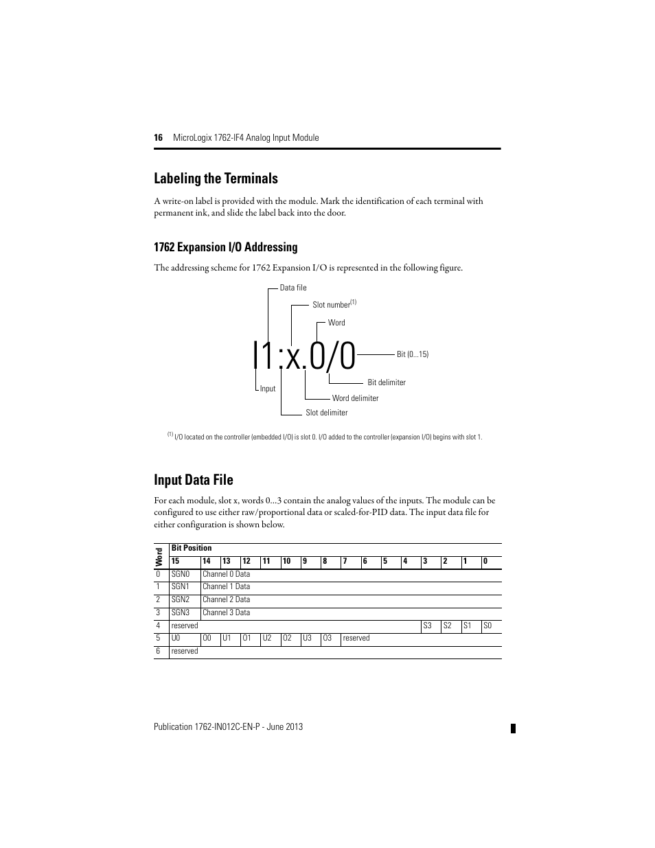 I1:x.0/0, Labeling the terminals, Input data file | 1762 expansion i/o addressing | Rockwell Automation 1762-IF4 MicroLogix Analog Input Module User Manual | Page 16 / 24
