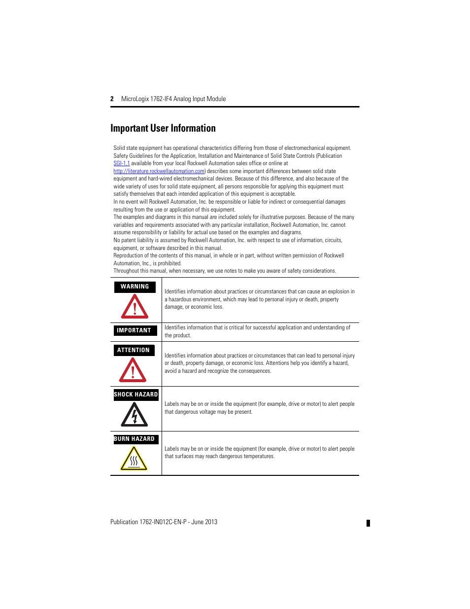 Important user information | Rockwell Automation 1762-IF4 MicroLogix Analog Input Module User Manual | Page 2 / 24