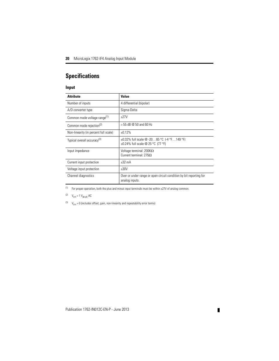 Specifications, Input | Rockwell Automation 1762-IF4 MicroLogix Analog Input Module User Manual | Page 20 / 24