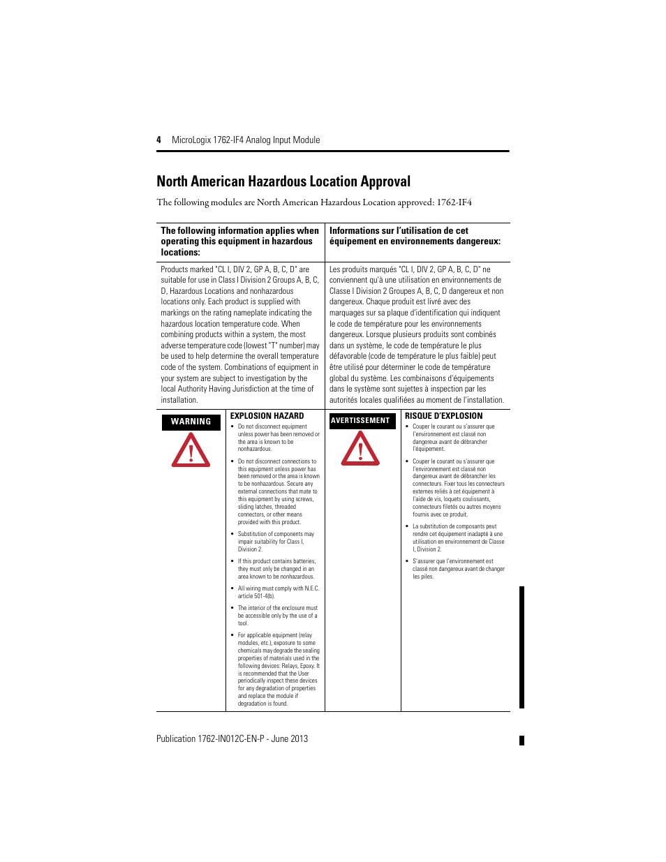 North american hazardous location approval | Rockwell Automation 1762-IF4 MicroLogix Analog Input Module User Manual | Page 4 / 24