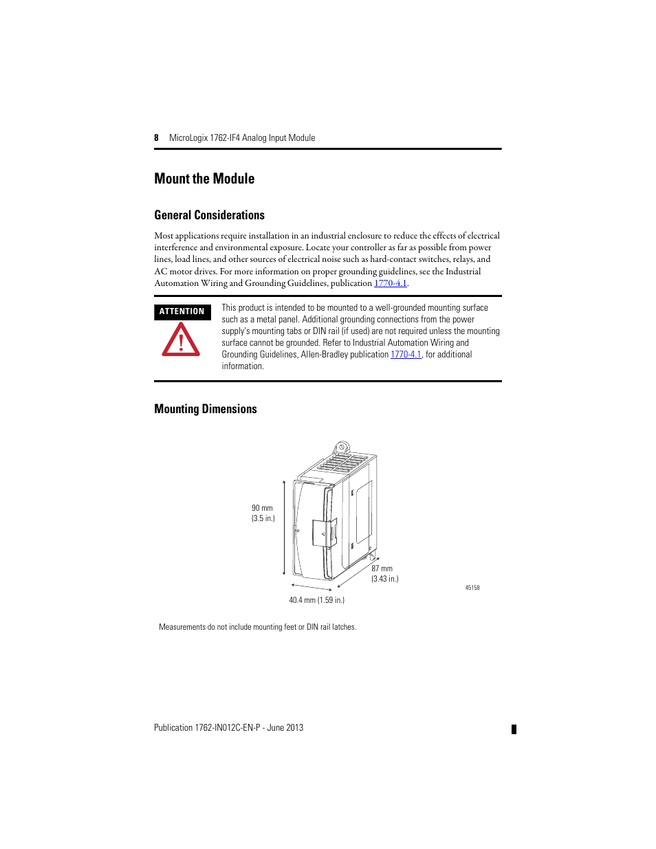 Mount the module, General considerations, Mounting dimensions | Rockwell Automation 1762-IF4 MicroLogix Analog Input Module User Manual | Page 8 / 24