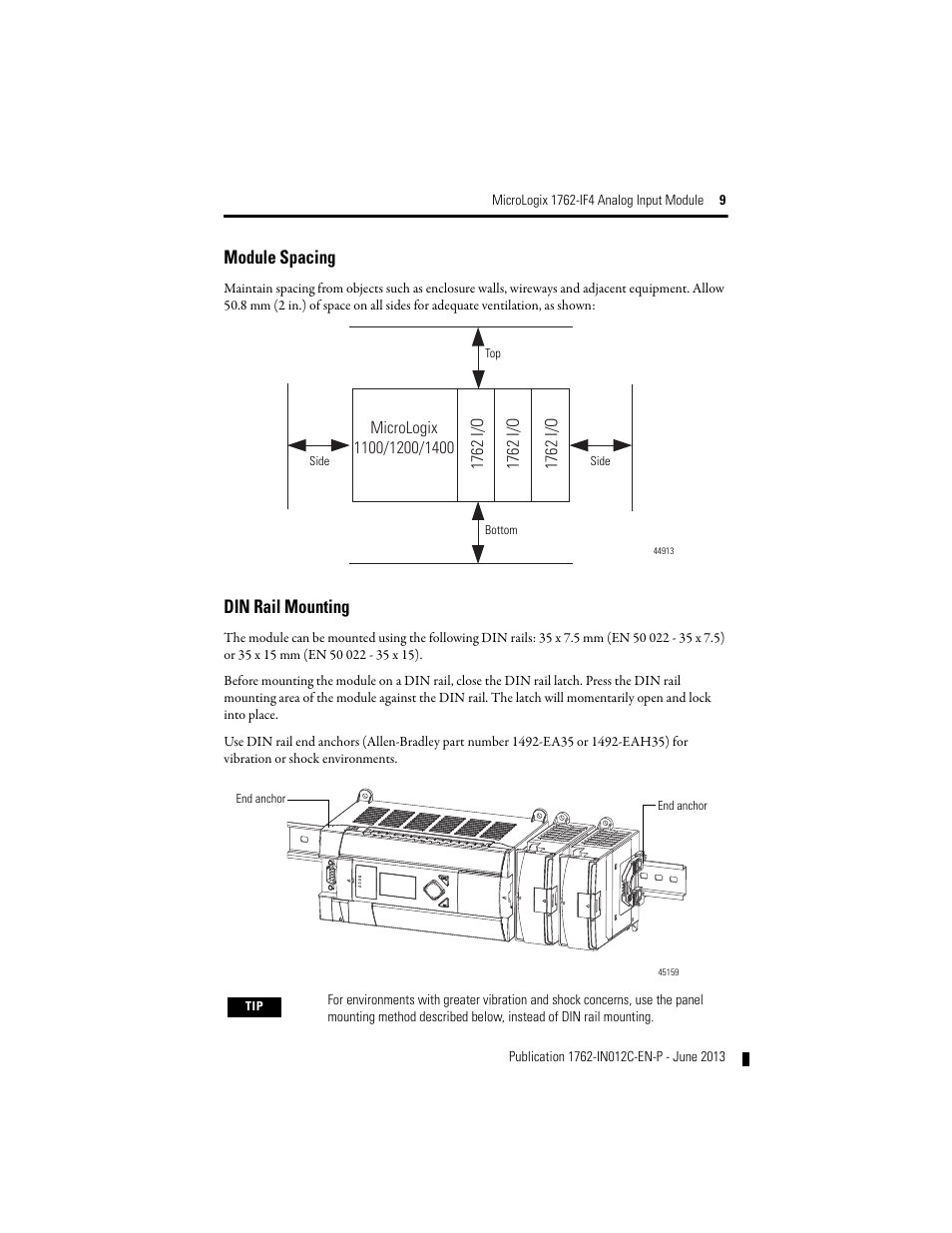 Module spacing, Din rail mounting | Rockwell Automation 1762-IF4 MicroLogix Analog Input Module User Manual | Page 9 / 24