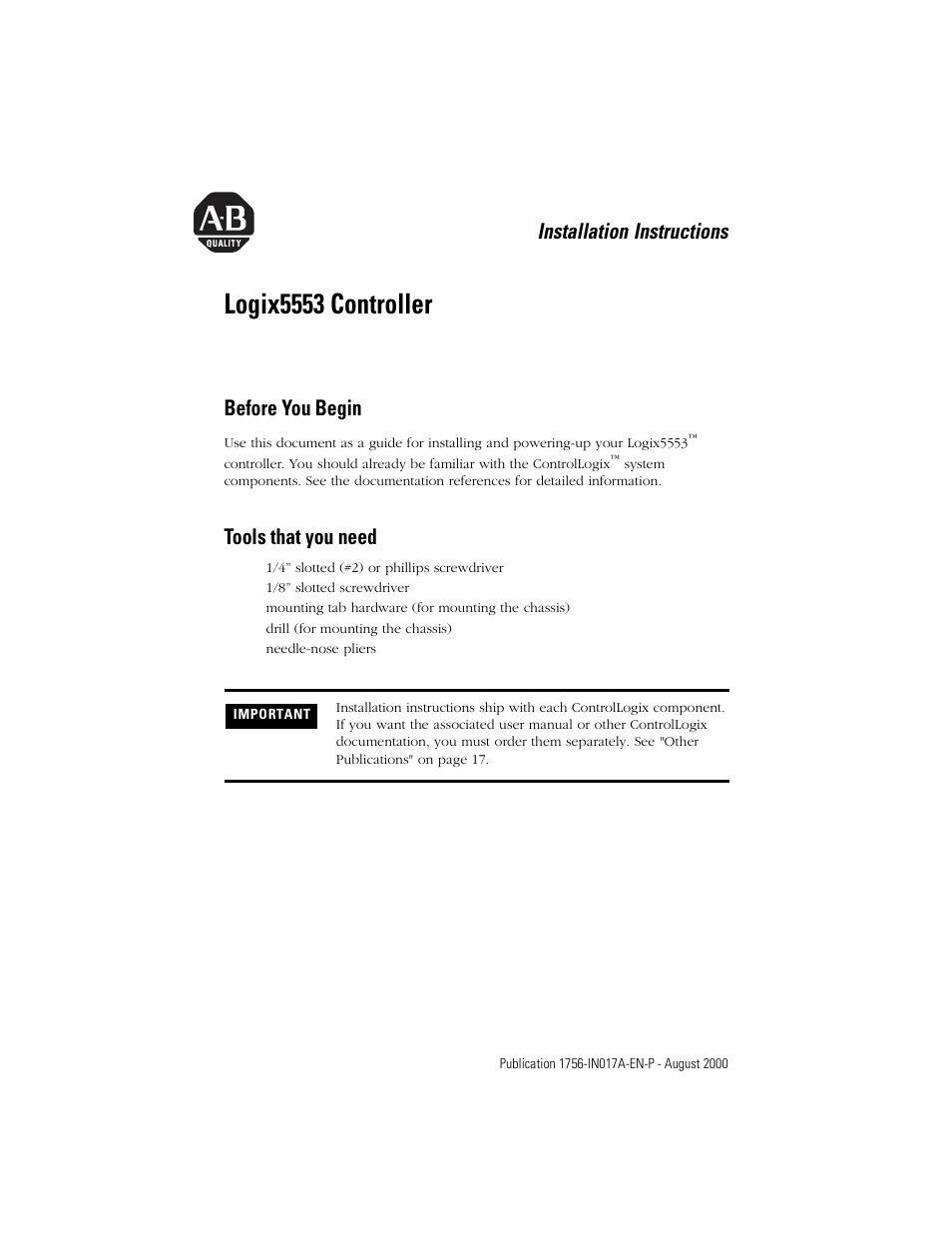 Rockwell Automation 1756-L53 Logix5553 Controller Installation Instructions User Manual | 18 pages