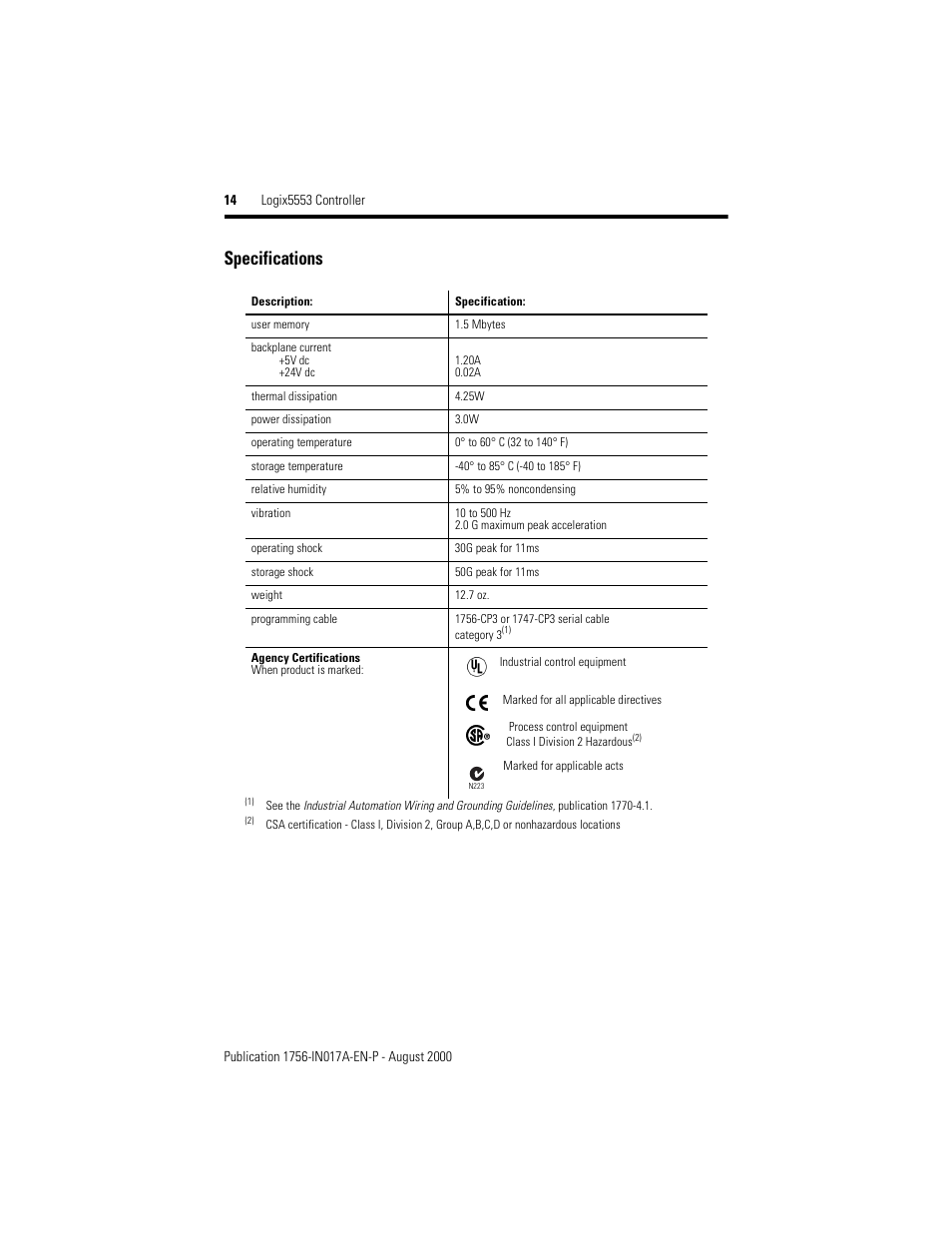 Specifications | Rockwell Automation 1756-L53 Logix5553 Controller Installation Instructions User Manual | Page 14 / 18