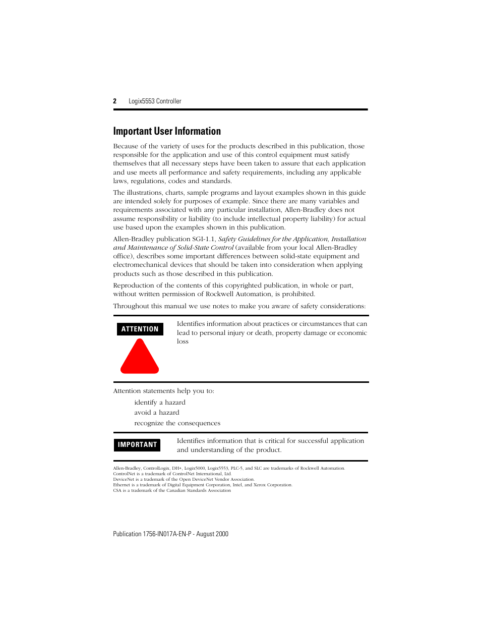 Important user information | Rockwell Automation 1756-L53 Logix5553 Controller Installation Instructions User Manual | Page 2 / 18