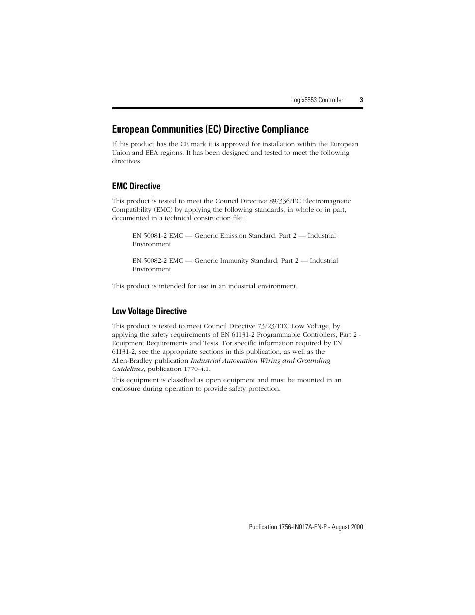 European communities (ec) directive compliance | Rockwell Automation 1756-L53 Logix5553 Controller Installation Instructions User Manual | Page 3 / 18