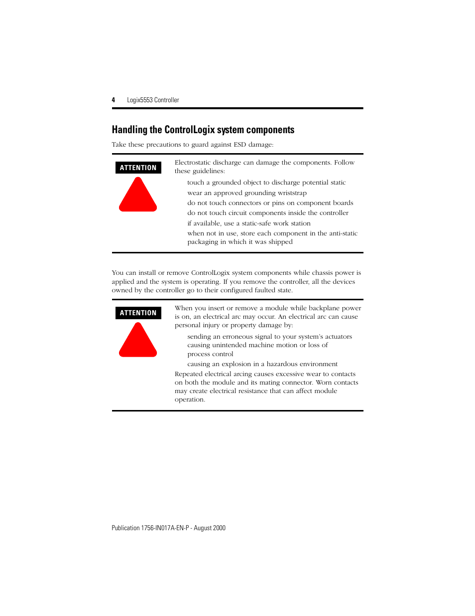 Handling the controllogix system components | Rockwell Automation 1756-L53 Logix5553 Controller Installation Instructions User Manual | Page 4 / 18