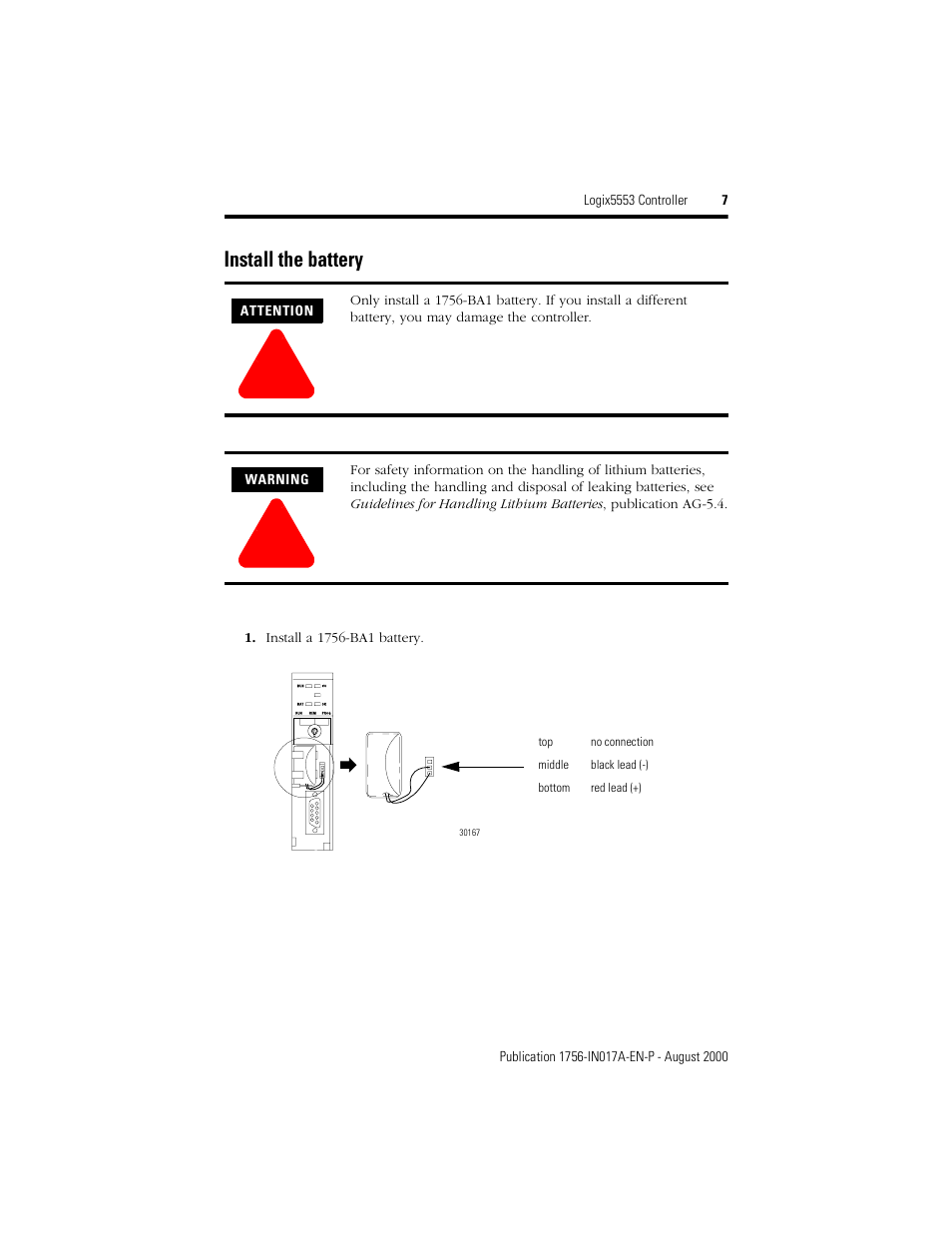 Install the battery | Rockwell Automation 1756-L53 Logix5553 Controller Installation Instructions User Manual | Page 7 / 18