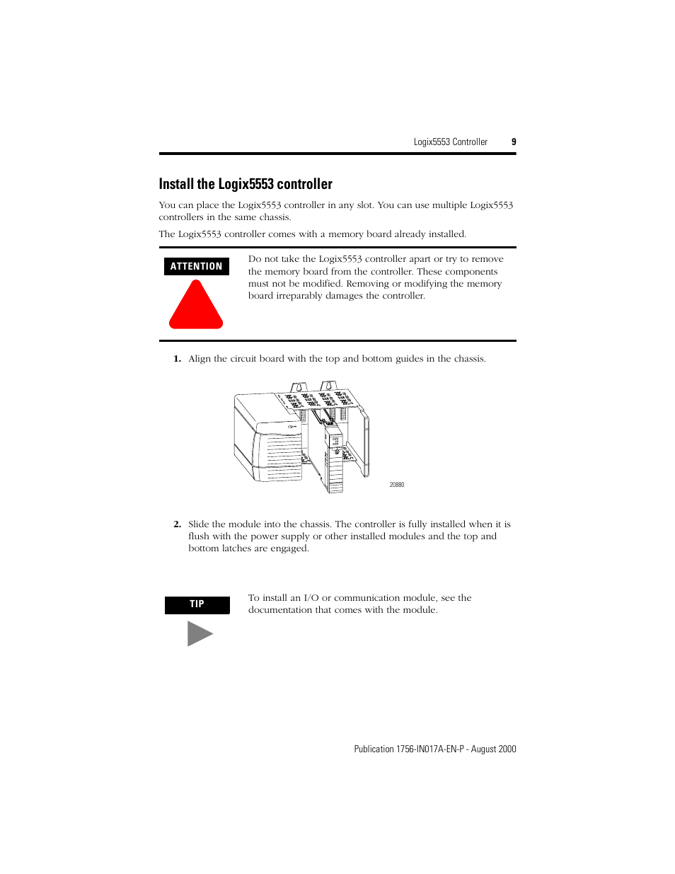 Install the logix5553 controller | Rockwell Automation 1756-L53 Logix5553 Controller Installation Instructions User Manual | Page 9 / 18