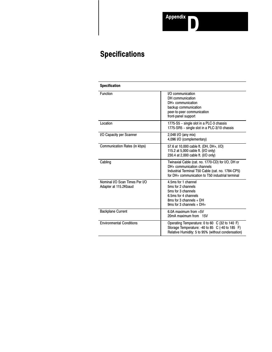 D - specifications, Specifications | Rockwell Automation 1775-S5_SR5,D17756.5.5 User Manual  PLC-3 FAMILY I/0 User Manual | Page 175 / 181