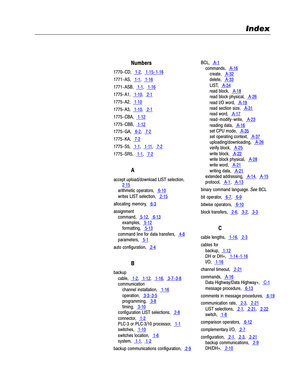 Index | Rockwell Automation 1775-S5_SR5,D17756.5.5 User Manual  PLC-3 FAMILY I/0 User Manual | Page 176 / 181