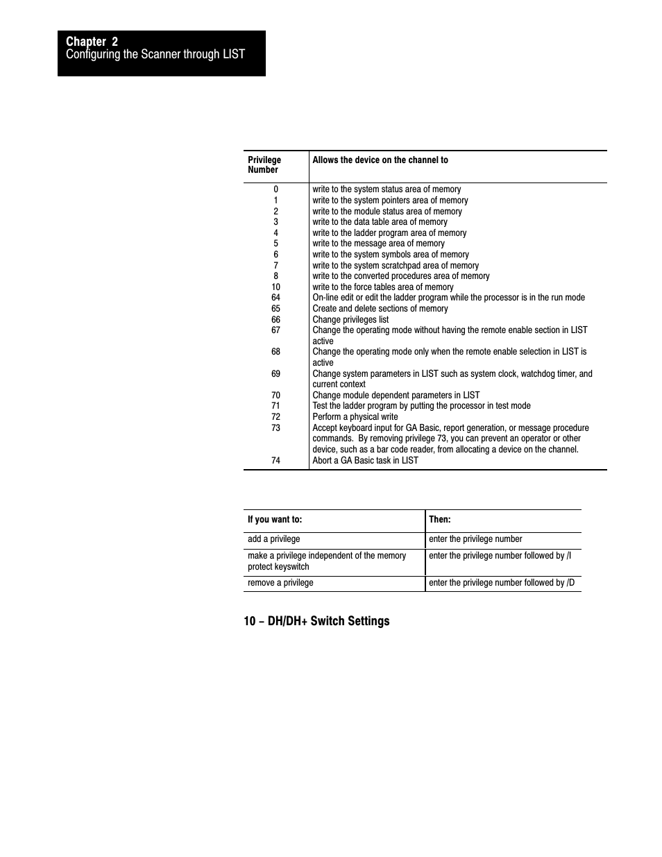 Configuring the scanner through list chapter 2, 10 - dh/dh+ switch settings | Rockwell Automation 1775-S5_SR5,D17756.5.5 User Manual  PLC-3 FAMILY I/0 User Manual | Page 44 / 181