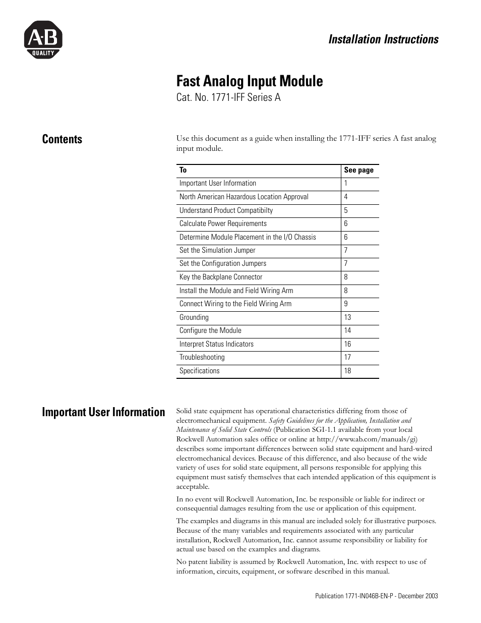Rockwell Automation 1771-IFF/A INSTL.INSTR FAST ANALOG INPUT User Manual | 20 pages