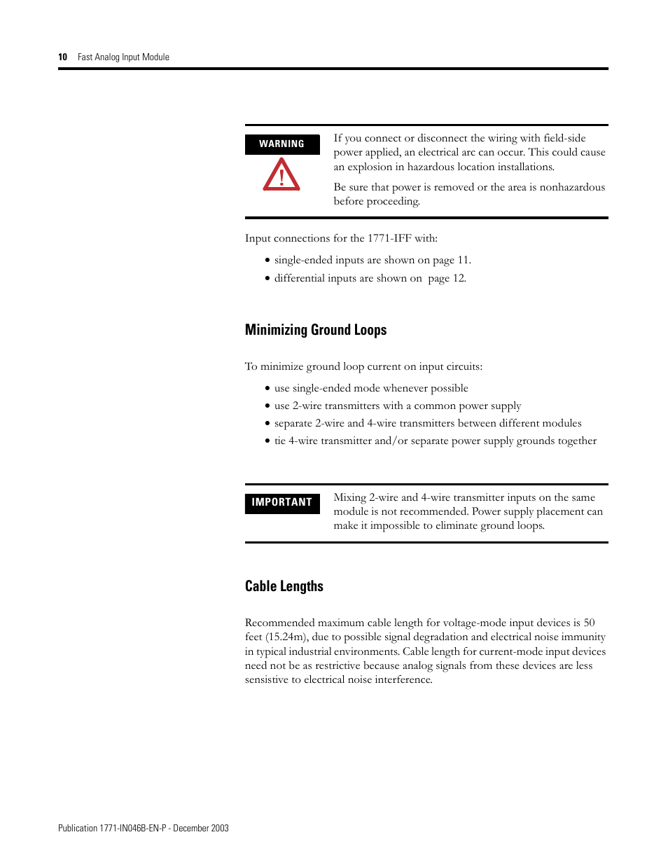 Minimizing ground loops, Cable lengths | Rockwell Automation 1771-IFF/A INSTL.INSTR FAST ANALOG INPUT User Manual | Page 10 / 20