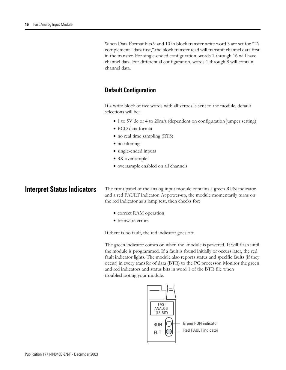 Interpret status indicators, Default configuration | Rockwell Automation 1771-IFF/A INSTL.INSTR FAST ANALOG INPUT User Manual | Page 16 / 20