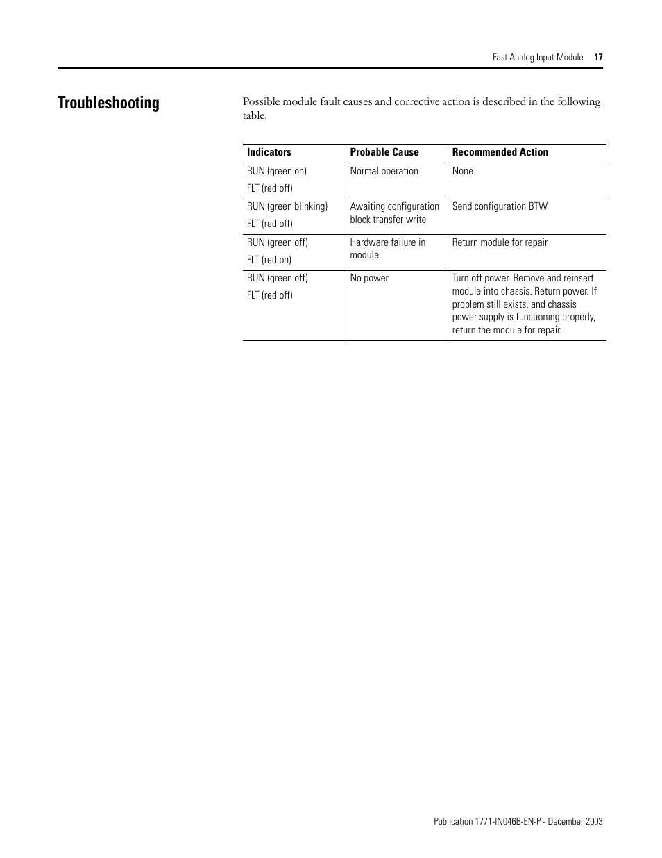 Troubleshooting | Rockwell Automation 1771-IFF/A INSTL.INSTR FAST ANALOG INPUT User Manual | Page 17 / 20