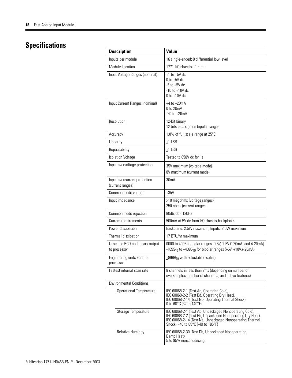 Specifications | Rockwell Automation 1771-IFF/A INSTL.INSTR FAST ANALOG INPUT User Manual | Page 18 / 20