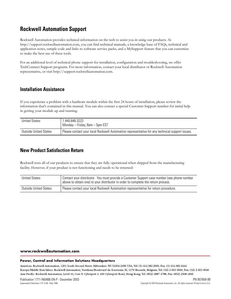 Rockwell automation support, Installation assistance, New product satisfaction return | Rockwell Automation 1771-IFF/A INSTL.INSTR FAST ANALOG INPUT User Manual | Page 20 / 20